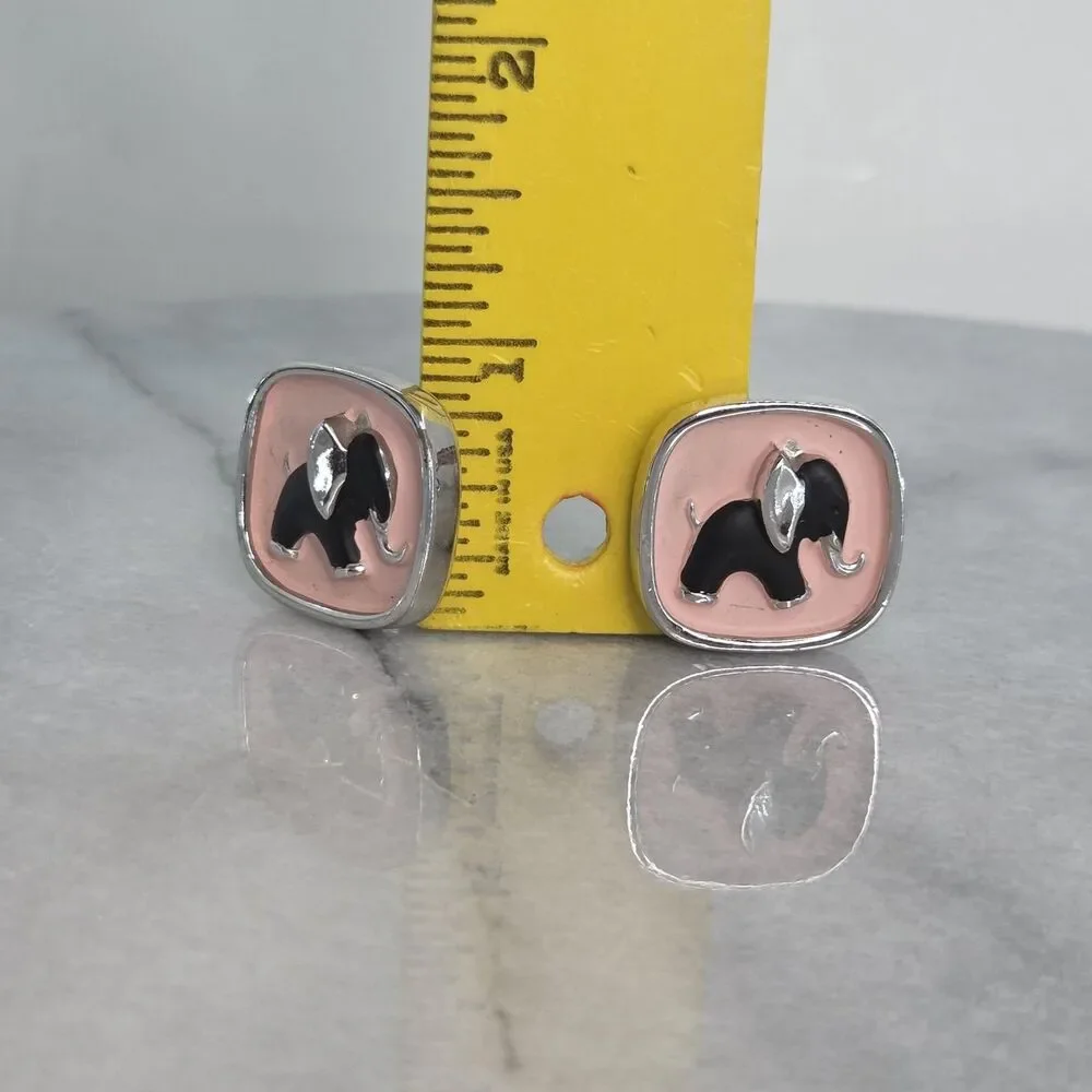 Pink Enamel Black Elephant Cufflinks Mens Silver Tone Bullet Back Dress Set
